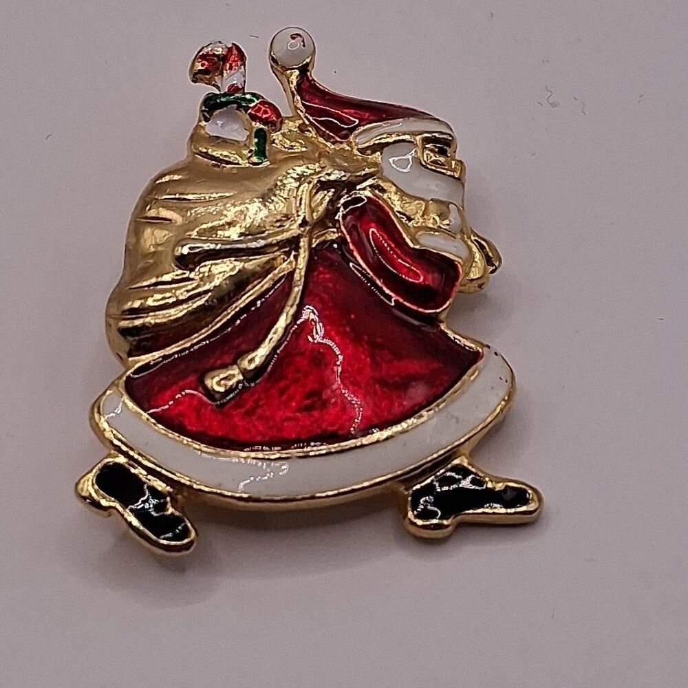 VINTAGE SANTA Clause Running WITH TOY BAG BROOCH - Picture 1 of 2
